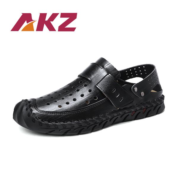 

akz men's sandals 2018 summer beach flip flops cow split leather breathable soft comfortable light male flats shoes leisure shoe, Black