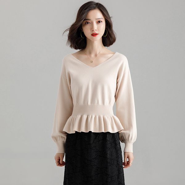 

v-neck sweater female autumn spring new relaxed joker render unlined upper garment sleeve sweater long-sleeved frock lantern, White;black