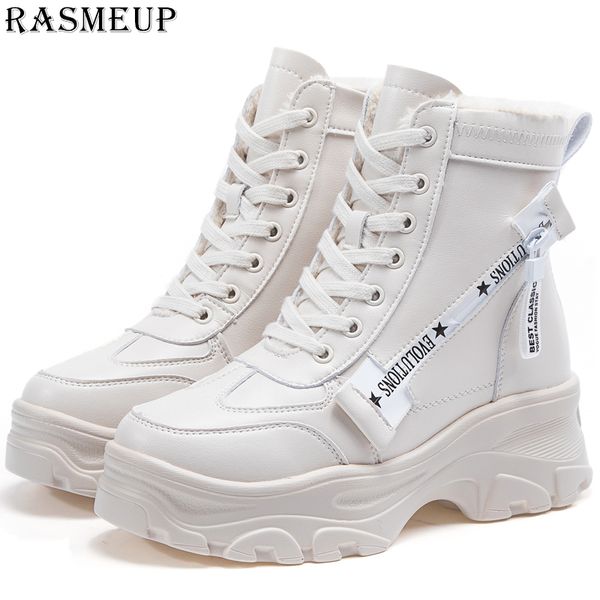 

rasmeup leather women's chunky boots winter thick fur warm women platform sneakers 2018 fashion combat boots woman shoes, Black