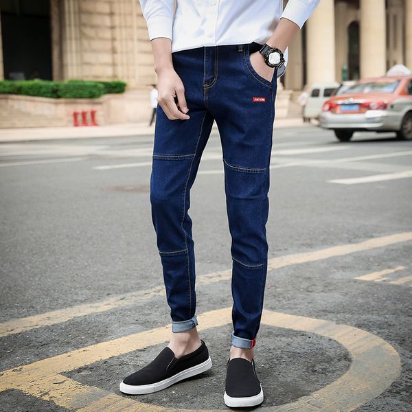

men pencil pants full length solid slim washed feet slim denim black pant joggers elastic waist pants new fashion sportswear, Blue