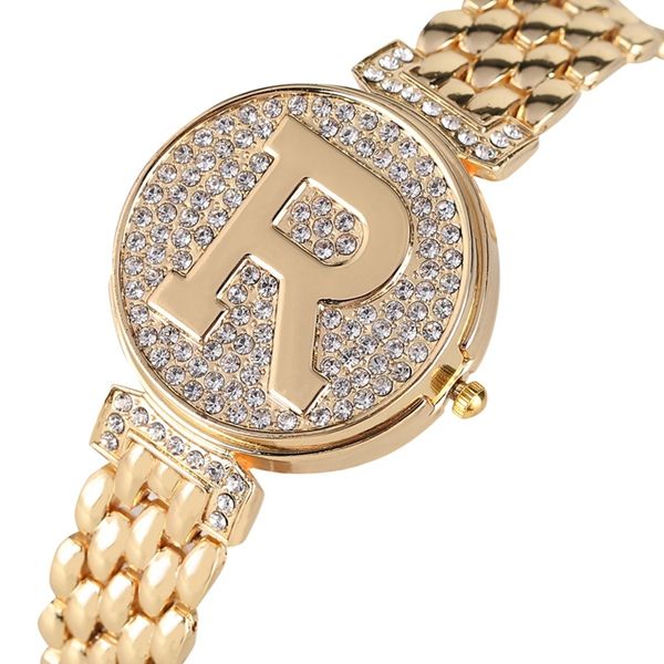 

letter r crystal diamond unique flip cover quartz watch fashion bling casual ladies bracelet watch golden watch feminino relogio ly191226, Slivery;brown
