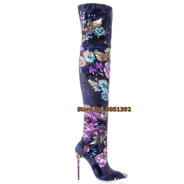 

women flower pointed toe over-the-knee super high heel floral rose long boots stiletto heel stretch boots plus size, Black