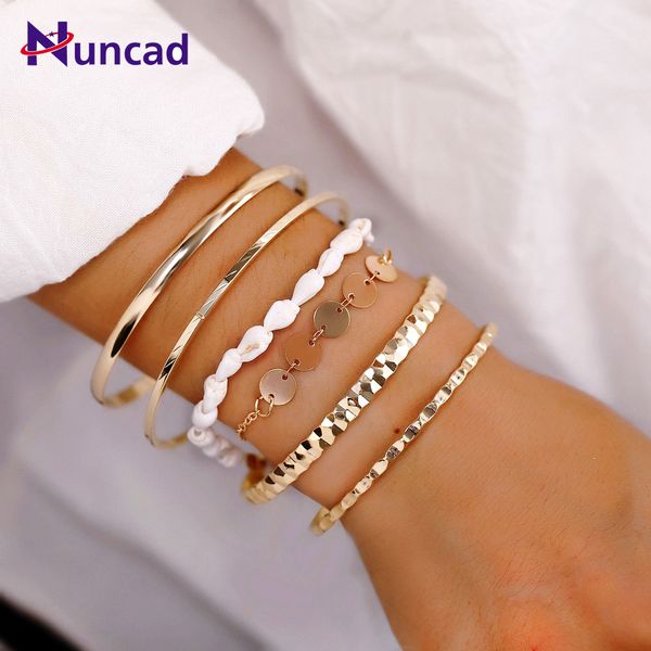

6pcs/set women bracelets set vintage fashion metal sequins shell bracelet bangles summer beach boho jewelry eethic bracelet, White