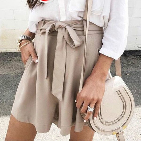 

women shorts loose elastic waist bowknot shorts pockets pant high waist ladies party mini beach bow solid trousers, White;black