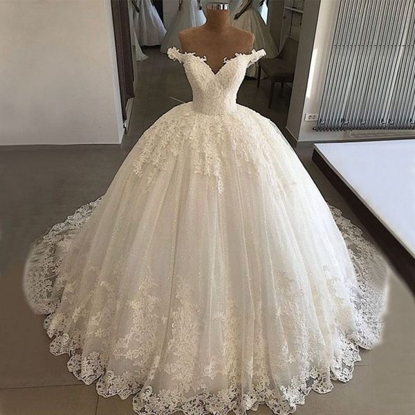 

2020 luxury country ball gown wedding dresses off the shoulder full lace appliques sequins bead bridal gowns long chapel train