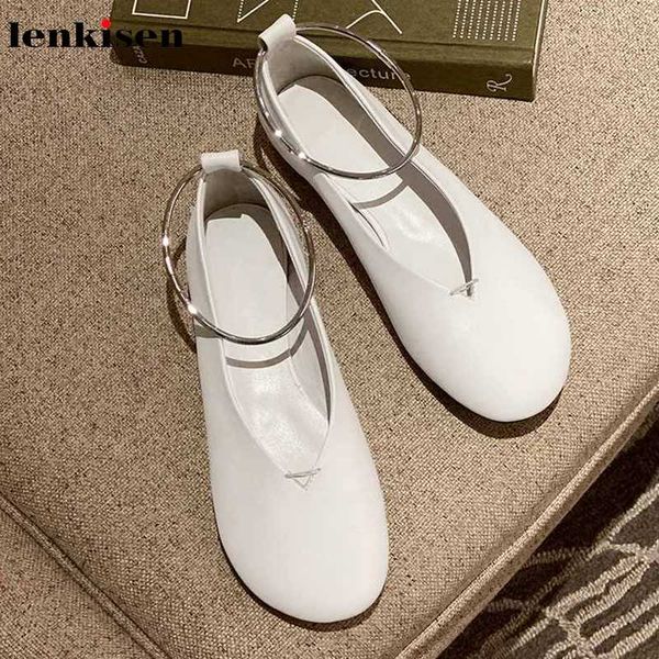 

lenkisen genuine leather concise style metal buckle flat with shoes round toe solid basic women comfortable breathable shoes l25, Black