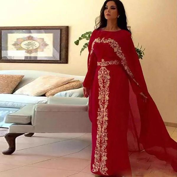 Vermelho Reto Chiffon Muçulmano Vestidos de Noite com Envoltório Jóia Do Pescoço de Ouro Apliques de Renda Dubai Formal Wear Longo Prom Vestidos