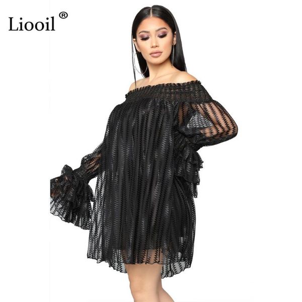 

liooil off shoulder striped bodycon midi dresses woman party night black white mesh see through strapless loose dress women, Black;gray