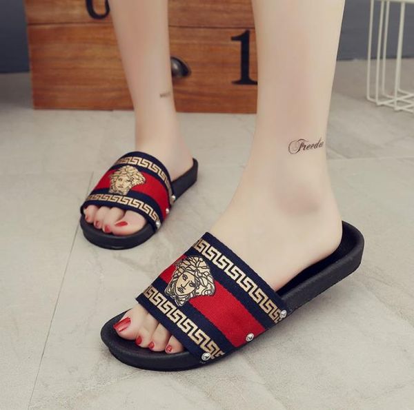 

head portrait sandals men rivet casual shoes designer beach indoor women blue red cloth sandals summer flat slippery sandals slipper, Black