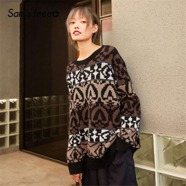 

sam's tree black print korean style casual knit pullover sweaters women 2020 spring beige long sleeve loose casual ladies top, White;black
