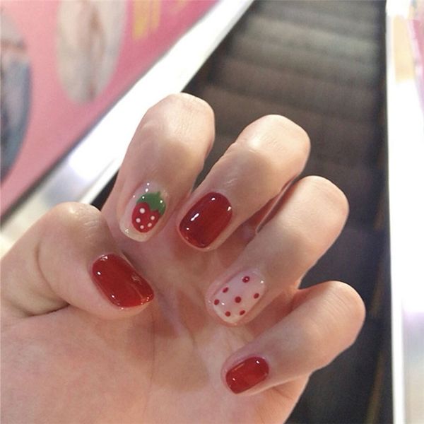 

24pcs cute strawberry design fake nails artificial french multiple colors false nails tips press on with glue, Red;gold