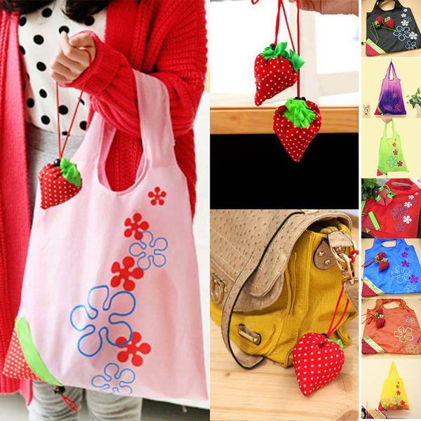 

reusable shopping bags, eco-friendly strawberry shape foldable grocery bags for shopping with pouch shoulder tote(pink