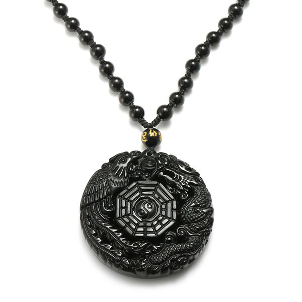 

natural obsidian carved chinese dragon phoenix ba gua lucky pendant necklace, Black