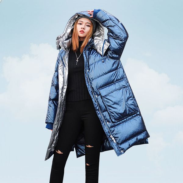 

glossy winter coat woman long overcoat 2019 solid loose down cotton jacket thick warm parka plus size korean outwear warm hs238, Black