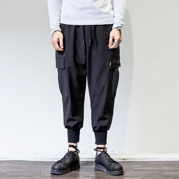 

autumn new cargo pants men autumn and winter japanese style multi-pocket wide leg fleece pants, Black