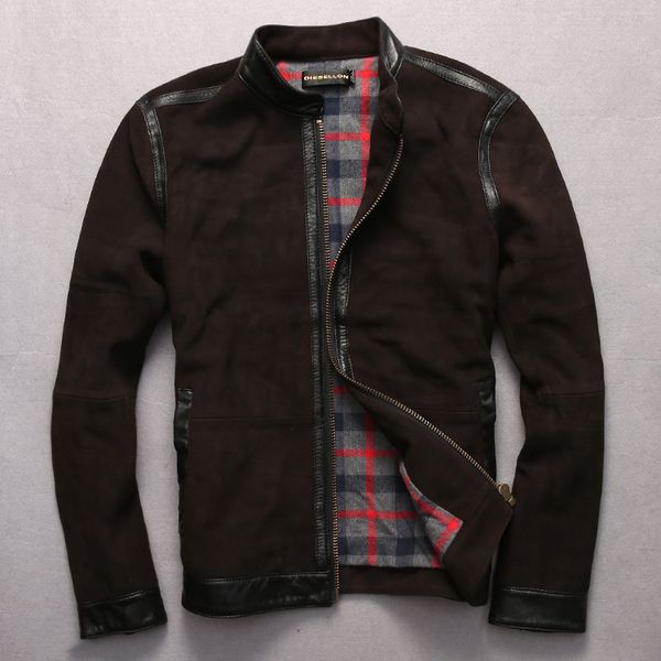 

men's british style dark brown real sheepskin coat men slim suede jacket leather clothing for male, Black