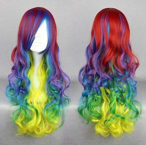 PARRUCCA spedizione gratuita Capelli sintetici di grande qualità 70 cm multicolori ricci lunghi