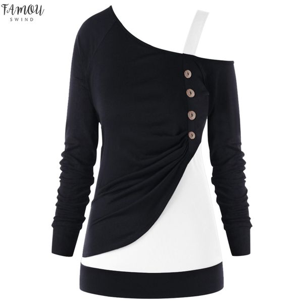 

fashion women patchwork botton blouse casual long sleeve plus size one shoulder block shirt plus size 5xl bluse women, White