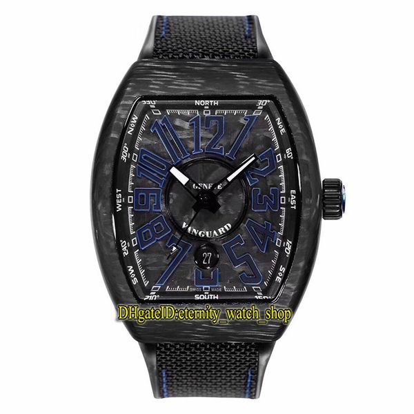 

version vanguard luminous carbon fibre case blue date dial japan miyota automatic v 45 sc dt mens watch nylon rubber strap watches, Slivery;brown