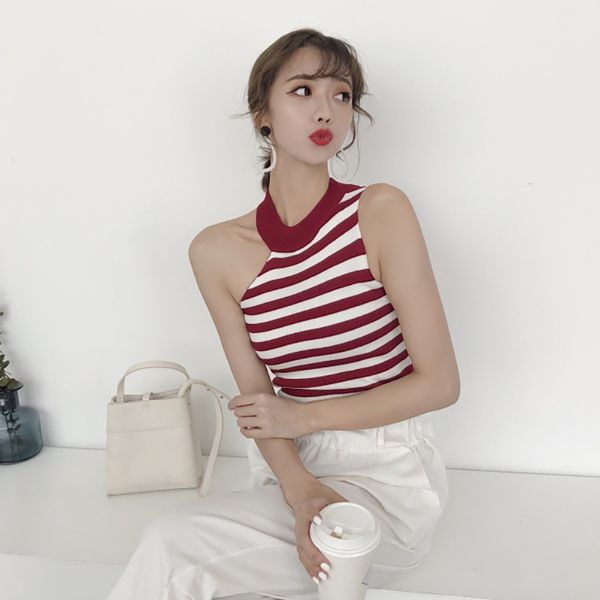 

женщины бретели мода sexy тонкий холтер воротник с плеч жилет модный casual striped knit tank tops, White