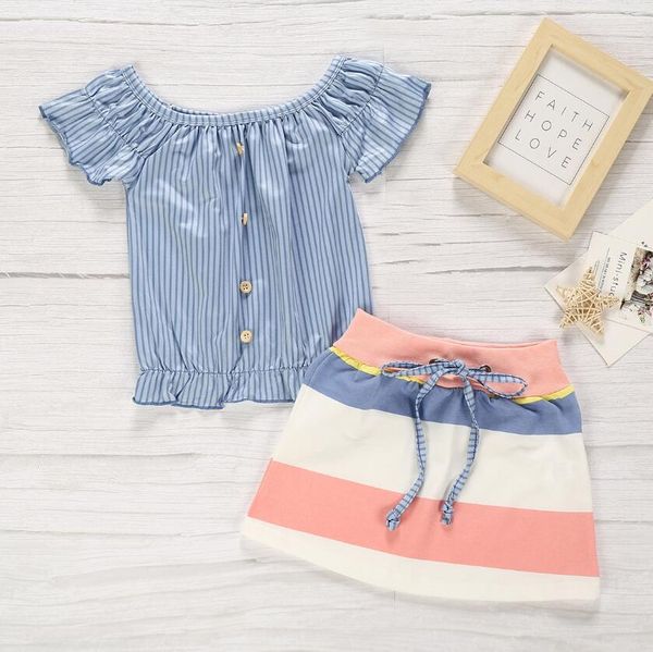

ins baby girl summer outfit юбка набор полосатой шея с коротким рукавом + цвет полосатой юбки одежда, White