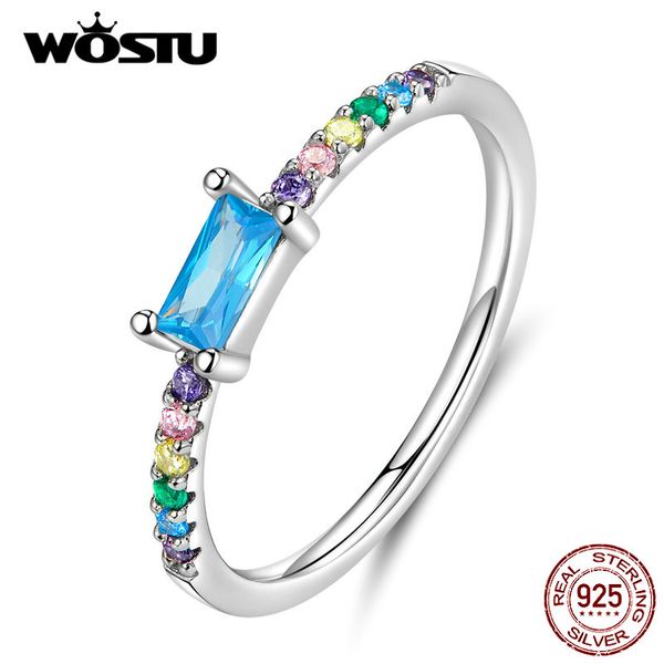 

wostu authentic 925 sterling silver colorful rings for women unique rainbow with rectangle blue zircon rings jewelry cqr590, Golden;silver