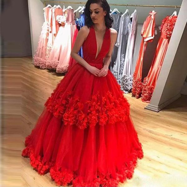

deep v neck ball gown prom dresses with hand flower floor length tiered tulle formal evening party gowns, Black