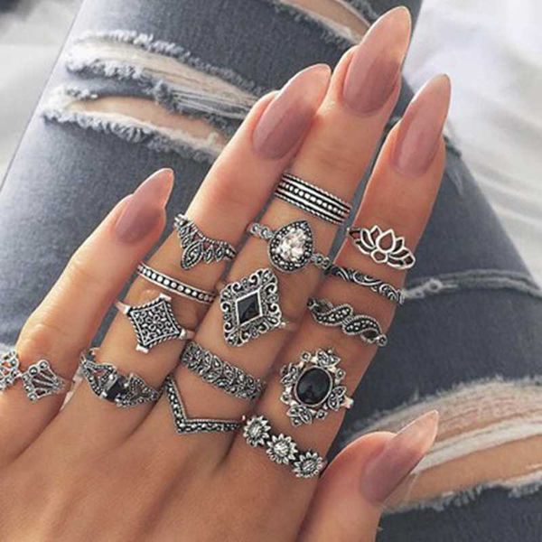 

15 pieces / set of fashion vintage crystal ring woman's crown lotus openwork silver joint ring bohemian set gift, Golden;silver