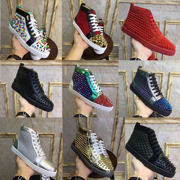 

designer red-bottom studded spikes flats shoes men women fashion high cut multicolor party lovers casual shoes 35-46, Black