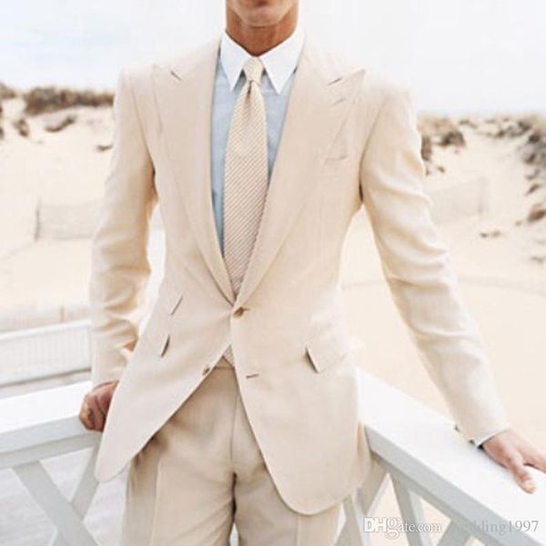 2018 Two Piece Beach Men Suits Groom Wear Peaked Lapel Two Button Wedding Groomsmen Tuxedos Custom Made Jacket Pants Black Tie Attire For Men Black