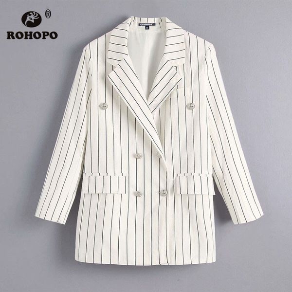 

rohopo ladies white striped double breast buttons blazer autumn chic notched women office outwear #9496, White;black