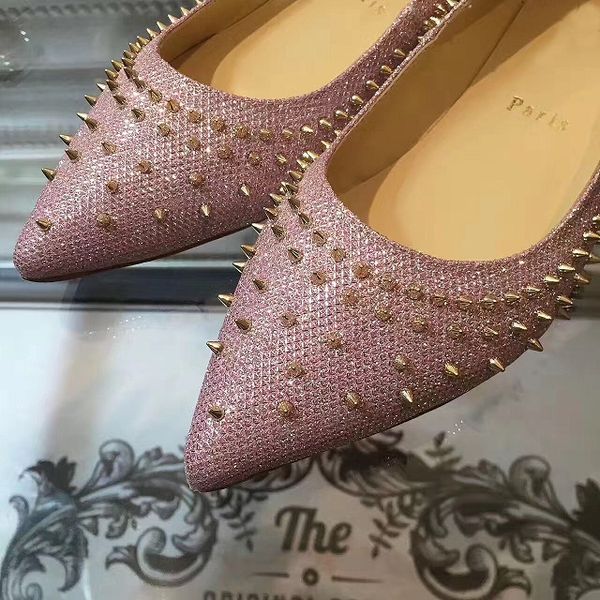 

2019 red bottom escarpic flat with spikes pointed toe ballerinas shoes for women gold,pink fishnet glitter leather walking eu35-42, Black