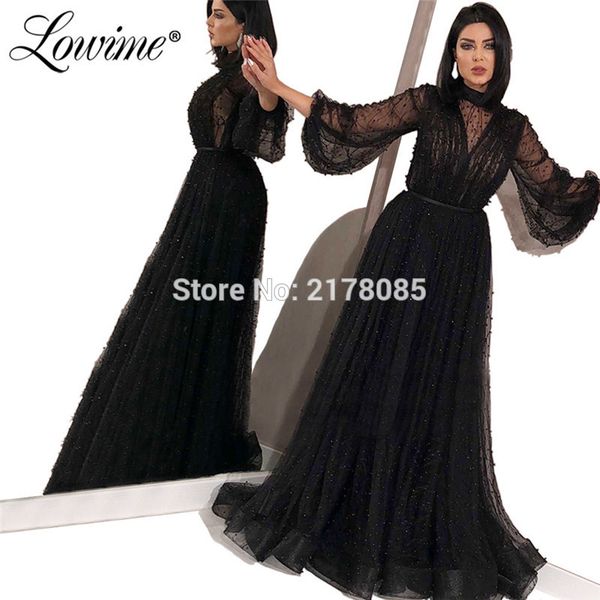 

black pink long sleeves evening dresses vestido de festa dubai saudi arabia prom dress beaded pearls pageant party gowns 2019, White;black