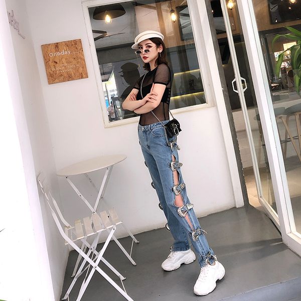 

2019 cool ripped jeans for women denim jeans cotton long pants women trousers hollow out casual femme straight pants, Blue