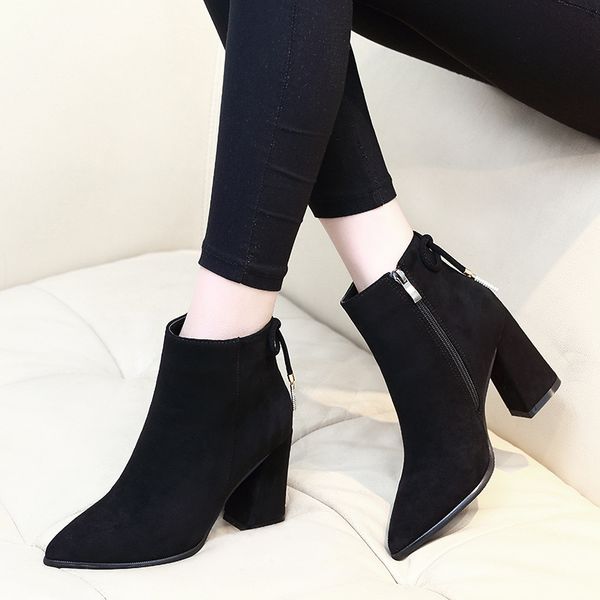 

2019 autumn women black boots high heels dress shoes pointed toe boots black mujer thin heels pumps woman shoes ch-b0154
