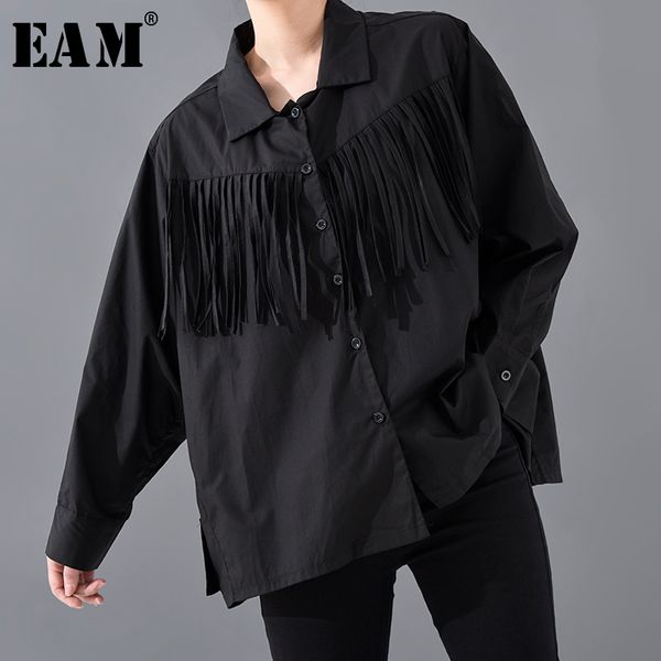 

eam] women black tassels split big size blouse new lapel long sleeve loose fit shirt fashion tide spring autumn 2020 1s12401, White