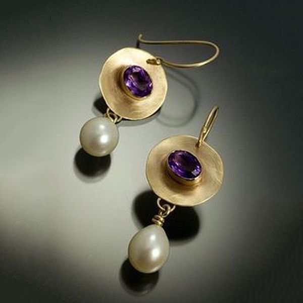 

vintage gold color simulated pearl earrings purple stone disc pendant dangle earring for women elegant fashion jewelry o3d279, Silver
