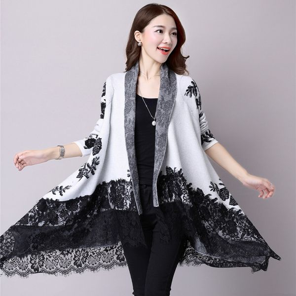 

2019 new autumn fashion irregular women oversized sweater knitted lace long sleeve bat cardigan coat ladies cape poncho shawl, White