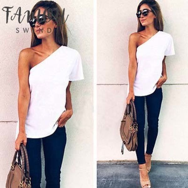 

womens clothing summer women casual blouse sleeveless long one shoulder shirt drop shipping, White