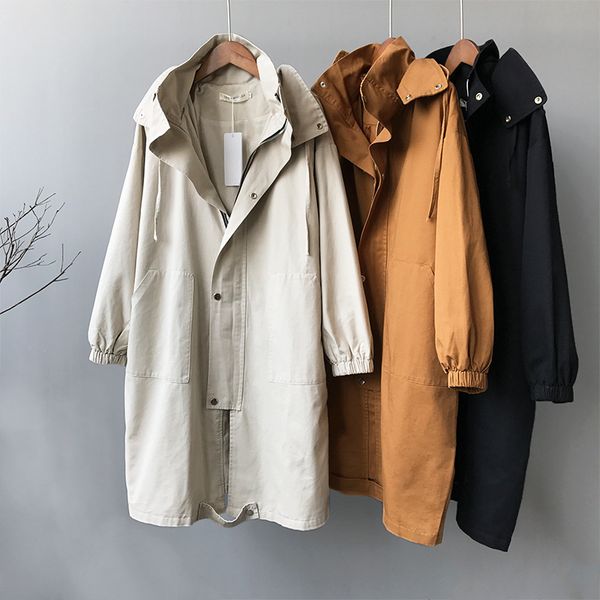 

oversize spring autumn trench coat women 2019 new casual long fashion hooded windbreaker zipper pocket female large size q191, Tan;black