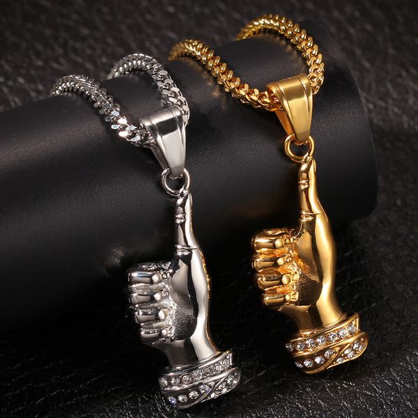 Bling Diamant Gold Silber Daumen hoch Nr. 1 Anhänger Herren Halskette Neue Mode Edelstahl Hip Hop Raper Schmuck Geschenke für Männer zum Verkauf