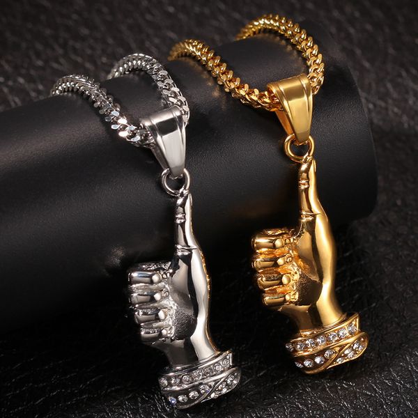 

new fashion stainless steel bling diamond gold & silver thumb up no.1 pendant mens necklace hip hop raper jewelry gifts for men for sale