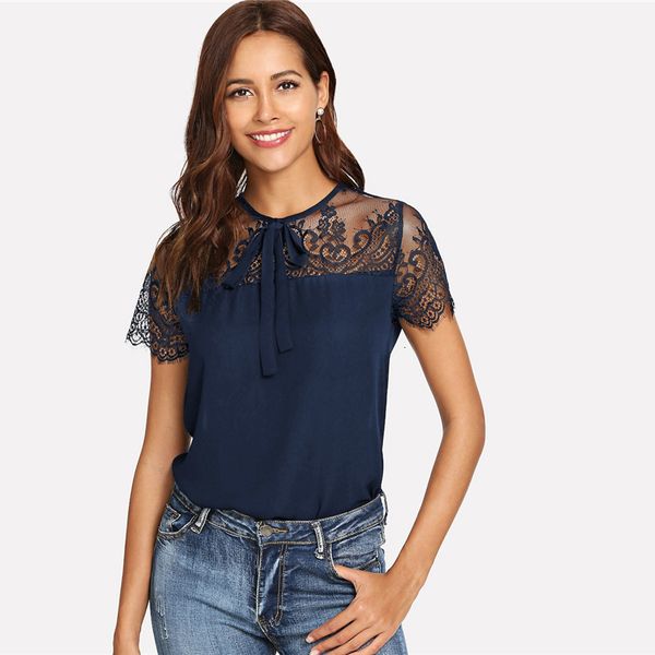 

women lace blouses tie navy neck lace shoulder contrast mesh button blouse spring weekend round neck and blouses, White