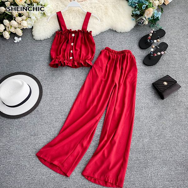 

summer women 2 piece set vintage single breasted sleeveless short chic and pants red black blue two piece set for female, White