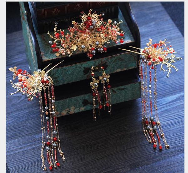 

ancient wedding phoenix crown suit, wedding atmosphere hair decoration, toast dress, dragon and phoenix jacket accessories, Slivery;golden
