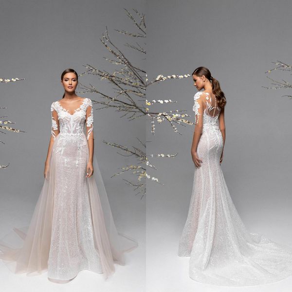 

2021 elegant wedding dresses lace appliques beads sequins bridal gowns custom made button back detachable train mermaid wedding dress, White