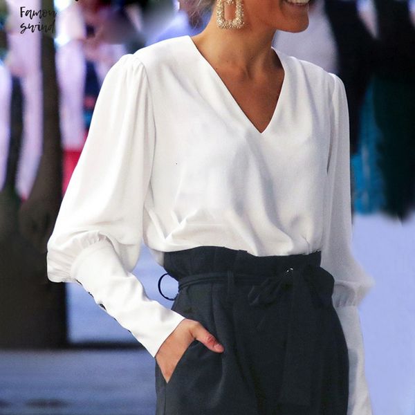 

puff sleeve 2019 блуза белая кнопка v шеи топы весна женщин элегантный офис леди streetwear blusas женские рубашки, White