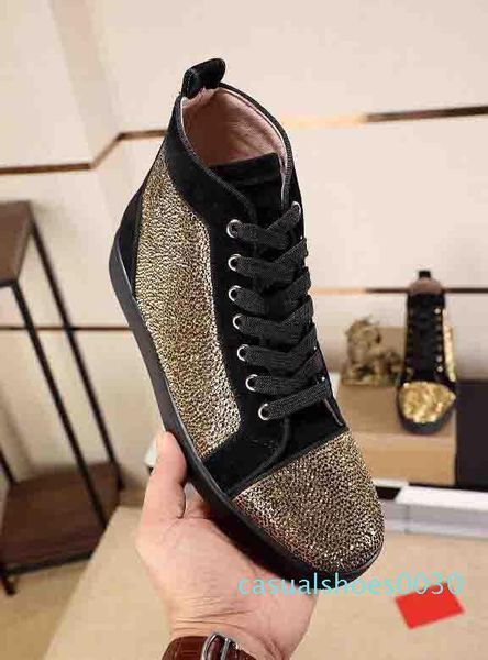 

with box,dust bag) red bottom sneakers rhinestone strass high sneakers red sole women men flats fashion casual shoe disc c30, Black
