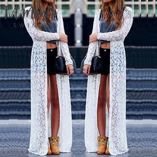 

womens clothing women lace ladies summer long sleeve beach lace cardigan blouse long drop shipping, White