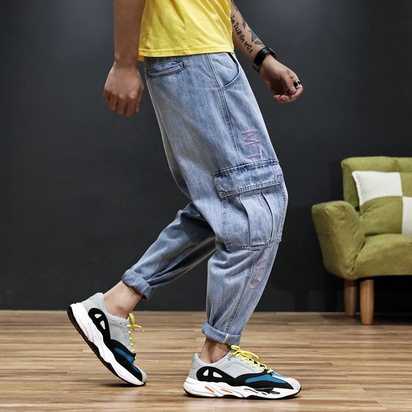 

весна в японском стиле bib в целом мужские джинсы сыпучие и плюс размера луча ног молодежь multi-карманы повседневный жира гарем брюки, Blue